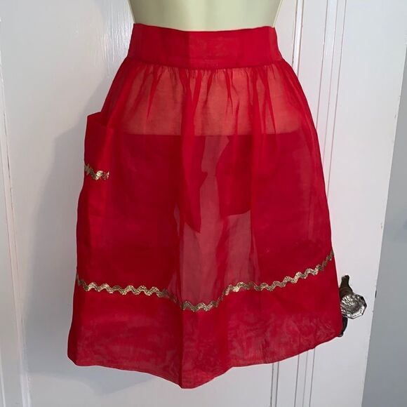 Vtg red semi sheer Christmas apron with gold rickrack - Picture 1 of 7
